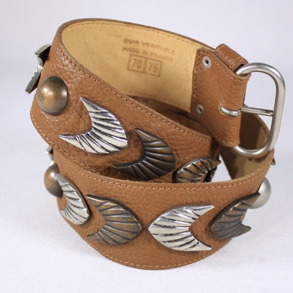 Vintage 29.5" handmade French leather belt with solid metal accents, brown South - Picture 1 of 8